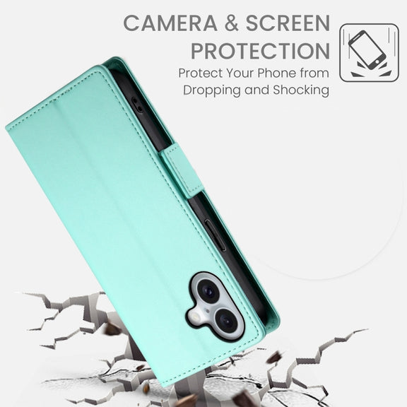 For iPhone 16 Side Buckle Magnetic Frosted Leather Phone Case(Mint Green)
