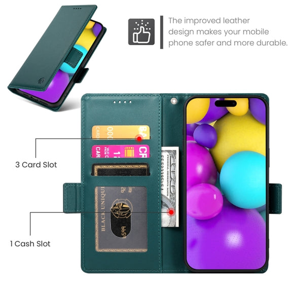 For iPhone 16 Side Buckle Magnetic Frosted Leather Phone Case(Dark Green)