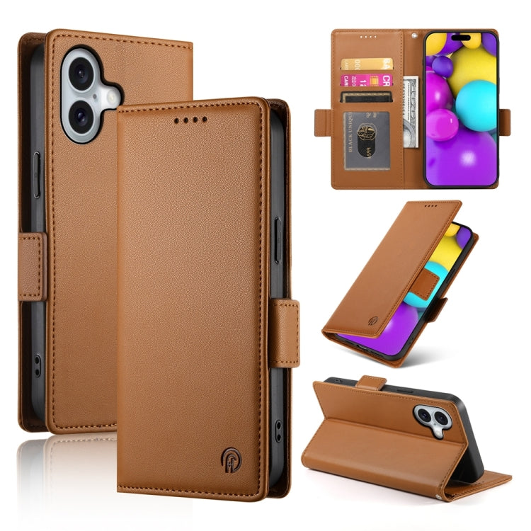 For iPhone 16 Side Buckle Magnetic Frosted Leather Phone Case(Brown)