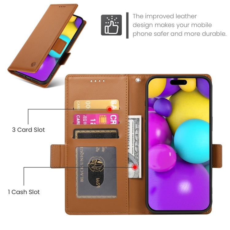 For iPhone 16 Side Buckle Magnetic Frosted Leather Phone Case(Brown)