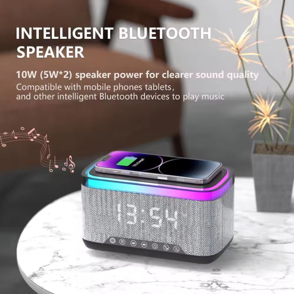 AEC S300 Portable 10W Power Multifunction Bluetooth Speaker Alarm Clock Wireless Charger(White)
