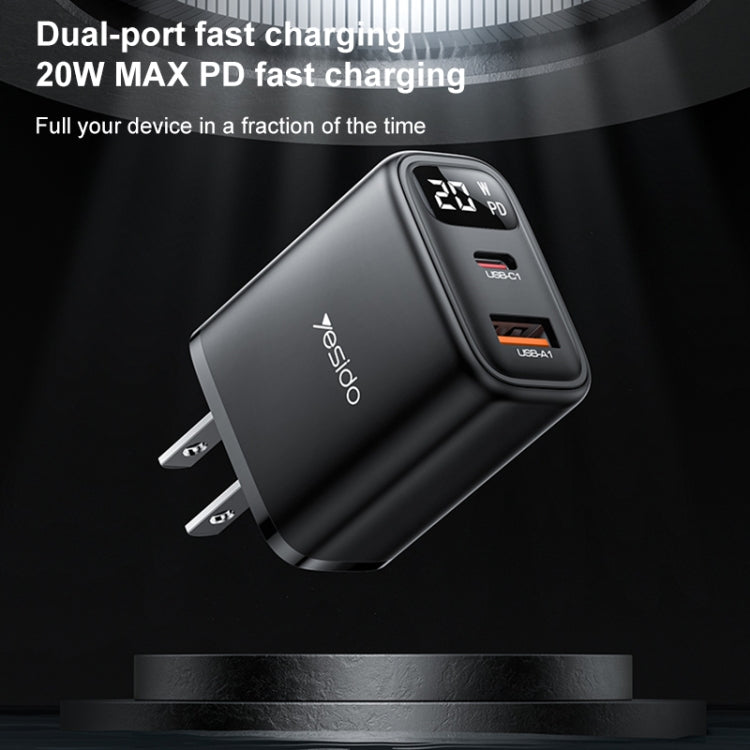 Yesido YC12U 20W USB-C / Type-C + USB Digital Display Charger, Specification:US Plug(Black)
