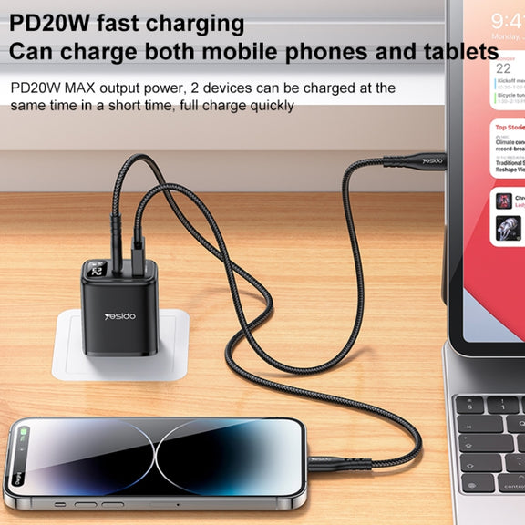 Yesido YC12U 20W USB-C / Type-C + USB Digital Display Charger, Specification:US Plug(Black)