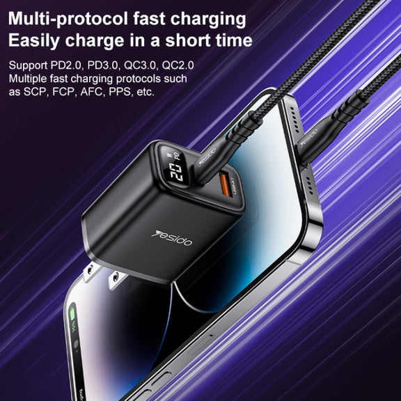 Yesido YC12U 20W USB-C / Type-C + USB Digital Display Charger, Specification:US Plug(Black)