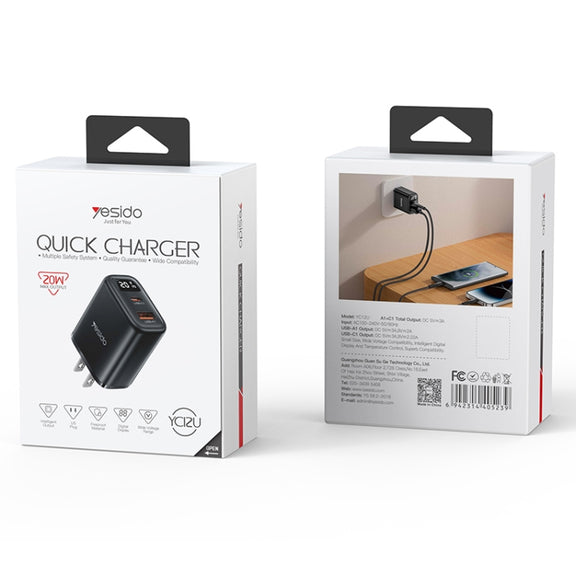 Yesido YC12U 20W USB-C / Type-C + USB Digital Display Charger, Specification:US Plug(Black)