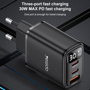 Yesido YC69 30W USB + Dual USB-C / Type-C Digital Display Charger, Specification:EU Plug(Black)