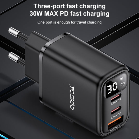 Yesido YC69 30W USB + Dual USB-C / Type-C Digital Display Charger, Specification:EU Plug(Black)