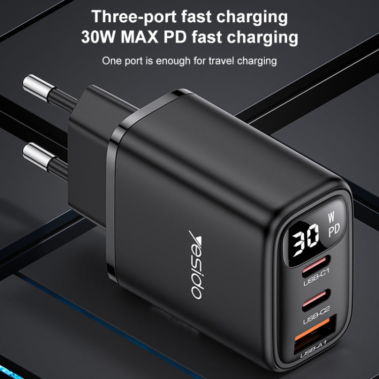 Yesido YC69 30W USB + Dual USB-C / Type-C Digital Display Charger, Specification:EU Plug(Black)