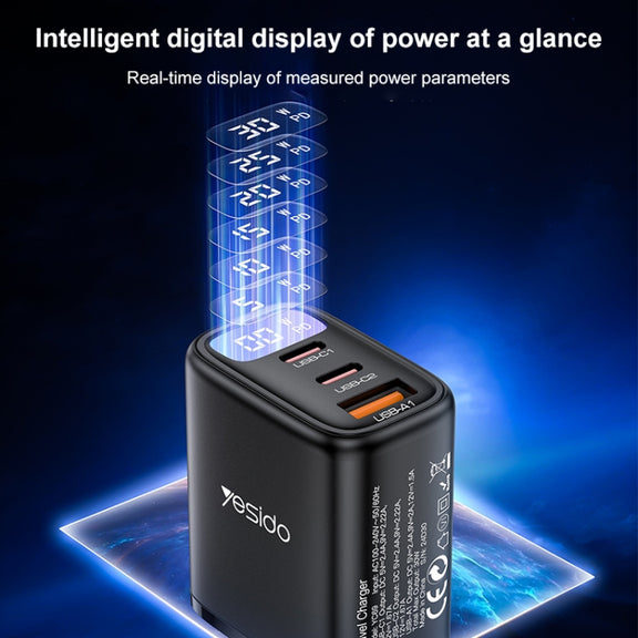 Yesido YC69 30W USB + Dual USB-C / Type-C Digital Display Charger, Specification:EU Plug(Black)