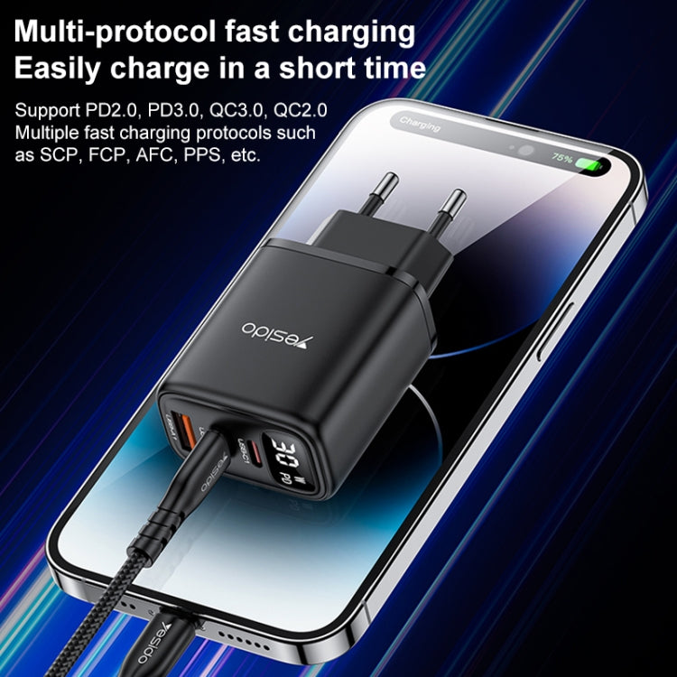 Yesido YC69 30W USB + Dual USB-C / Type-C Digital Display Charger, Specification:EU Plug(Black)