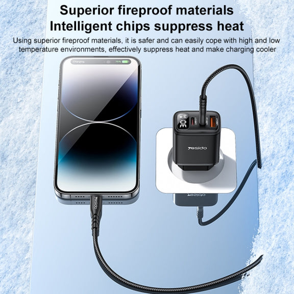 Yesido YC69 30W USB + Dual USB-C / Type-C Digital Display Charger, Specification:EU Plug(Black)