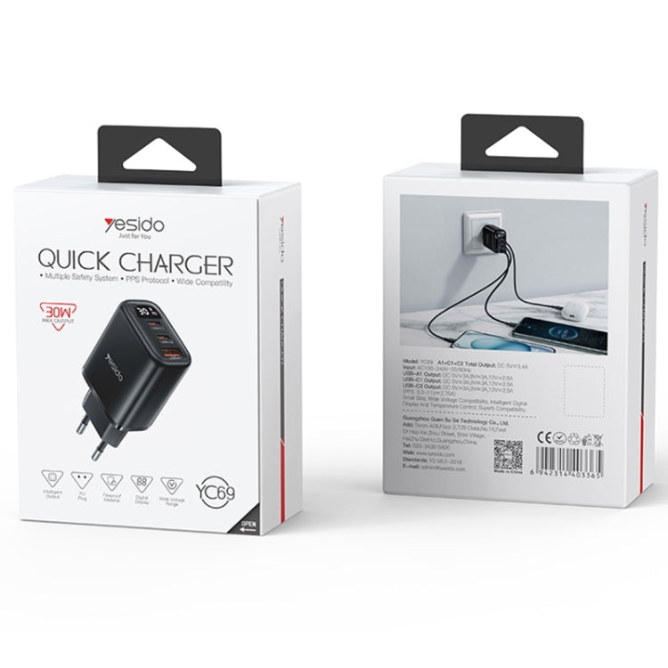 Yesido YC69 30W USB + Dual USB-C / Type-C Digital Display Charger, Specification:EU Plug(Black)