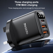 Yesido YC86 17W USB-C / Type-C + Dual USB Digital Display Charger, Specification:UK Plug(Black)