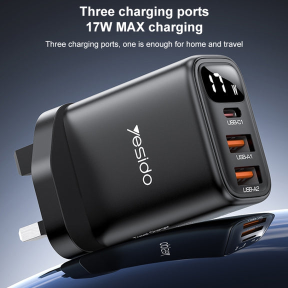 Yesido YC86 17W USB-C / Type-C + Dual USB Digital Display Charger, Specification:UK Plug(Black)