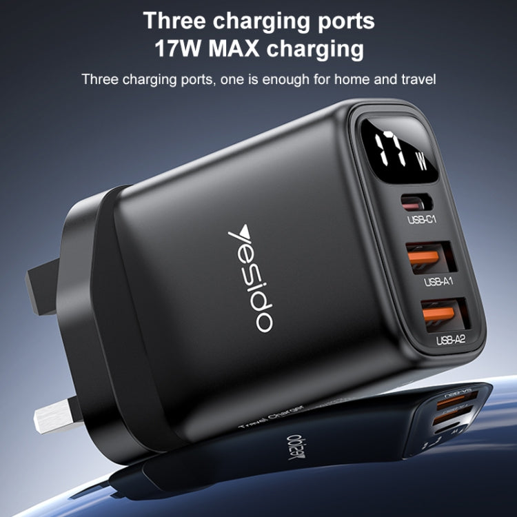 Yesido YC86 17W USB-C / Type-C + Dual USB Digital Display Charger, Specification:UK Plug(Black)