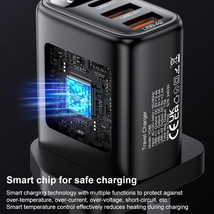 Yesido YC86 17W USB-C / Type-C + Dual USB Digital Display Charger, Specification:UK Plug(Black)