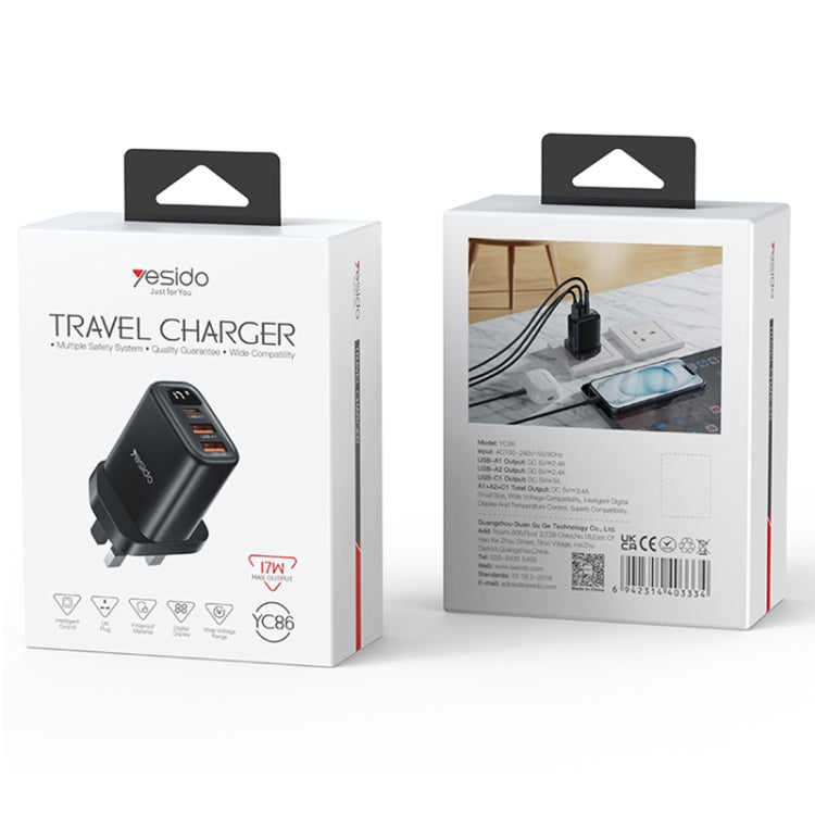 Yesido YC86 17W USB-C / Type-C + Dual USB Digital Display Charger, Specification:UK Plug(Black)