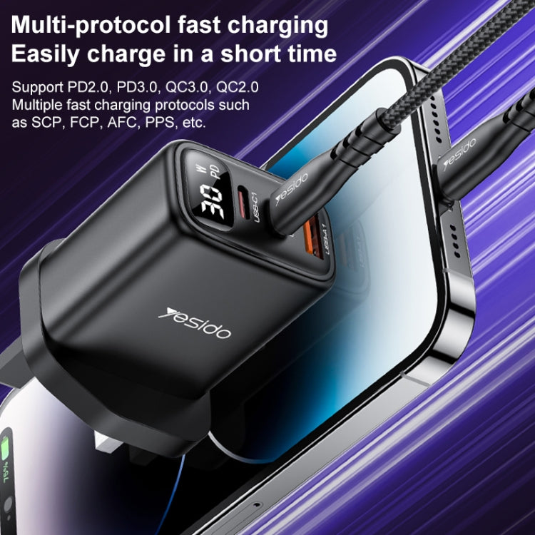 Yesido YC88 30W USB + Dual USB-C / Type-C Digital Display Charger, Specification:UK Plug(Black)