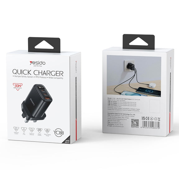 Yesido YC88 30W USB + Dual USB-C / Type-C Digital Display Charger, Specification:UK Plug(Black)