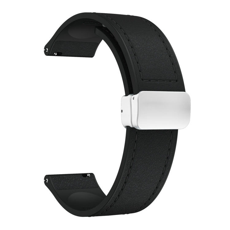 20mm Magnetic Silver Buckle Silicone Leather Watch Band(Black)