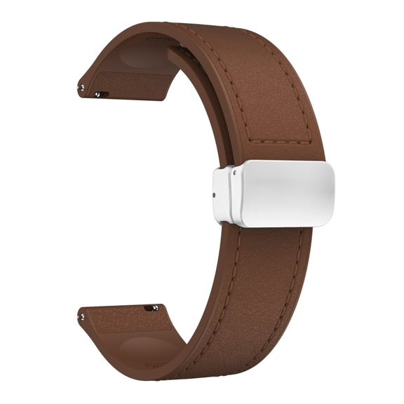 20mm Magnetic Silver Buckle Silicone Leather Watch Band(Dark Brown)