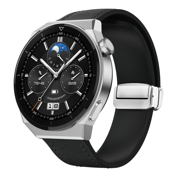 22mm Magnetic Silver Buckle Silicone Leather Watch Band(Black)