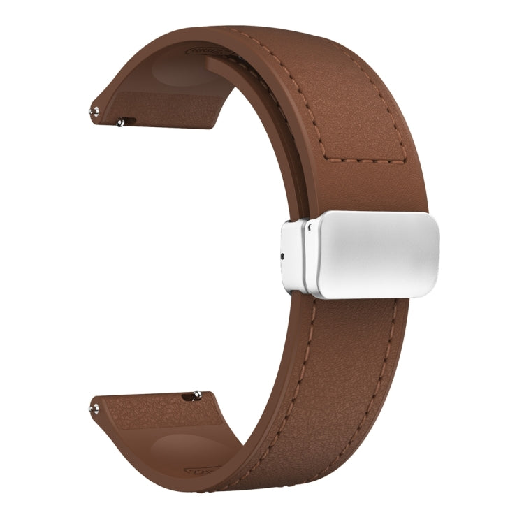 22mm Magnetic Silver Buckle Silicone Leather Watch Band(Dark Brown)