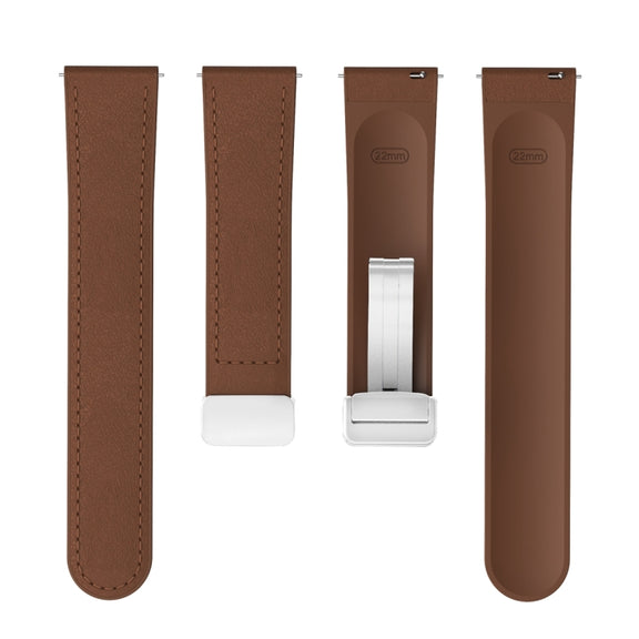 22mm Magnetic Silver Buckle Silicone Leather Watch Band(Dark Brown)