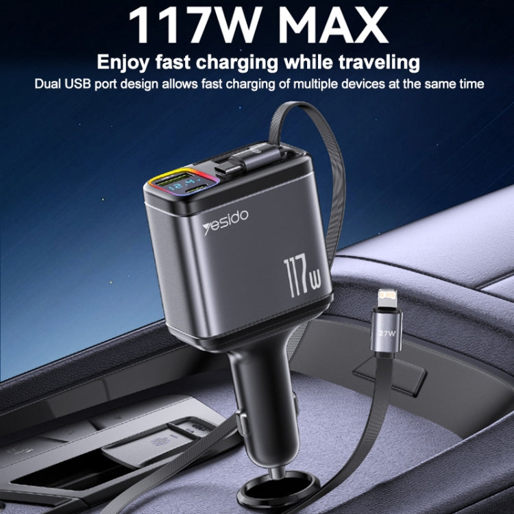 Yesido Y63 4 in 1 117W USB-C / Type-C+USB Multifunctional Retractable Dual Line Digital Display Car Fast Charger(Black)