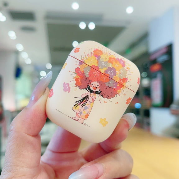For AirPods 2 / 1 Girl Pattern Earbuds Box Frosted TPU Case(Flower)