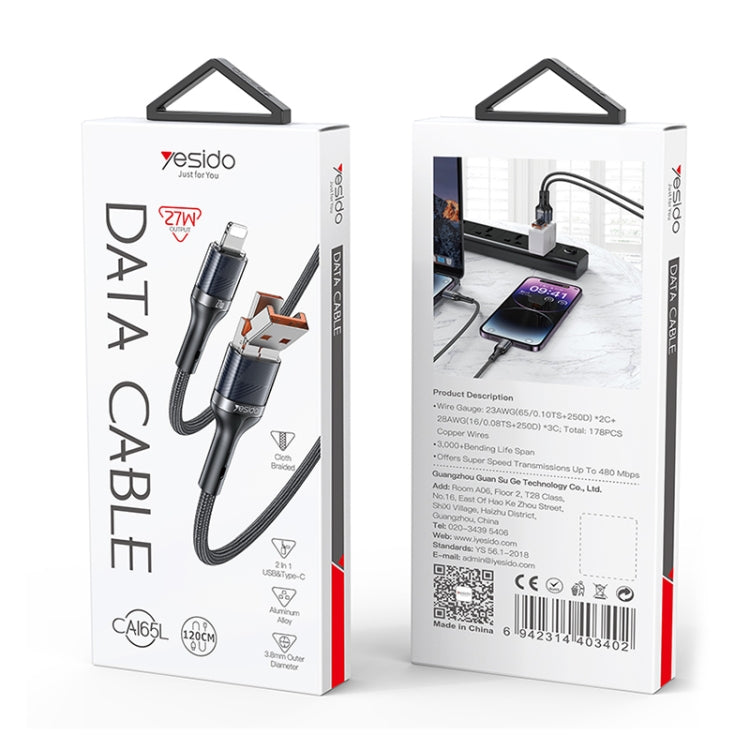 Yesido CA165L 27W USB + USB-C / Type-C to 8 Pin 2 in 1 Fast Charging Data Cable, Length:1.2m(Black)