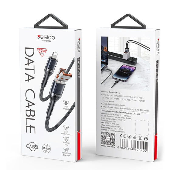 Yesido CA165L 27W USB + USB-C / Type-C to 8 Pin 2 in 1 Fast Charging Data Cable, Length:1.2m(Black)