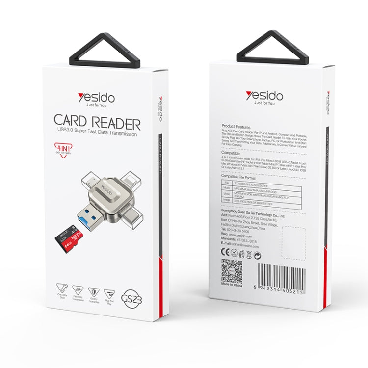 Yesido GS23 USB 3.0 to USB-C / Type-C, Micro USB, 8 Pin 4 in 1 Card Reader(Gold)