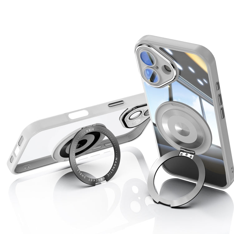 For iPhone 16 Plus 360 Holder Magsafe Acrylic Hybrid TPU Phone Case(Grey)