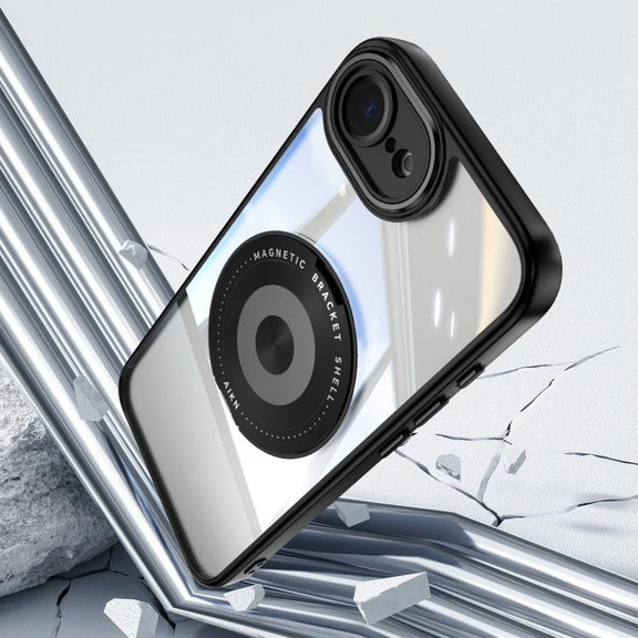 For iPhone 16e 360 Holder Magsafe Acrylic Hybrid TPU Phone Case(Black)