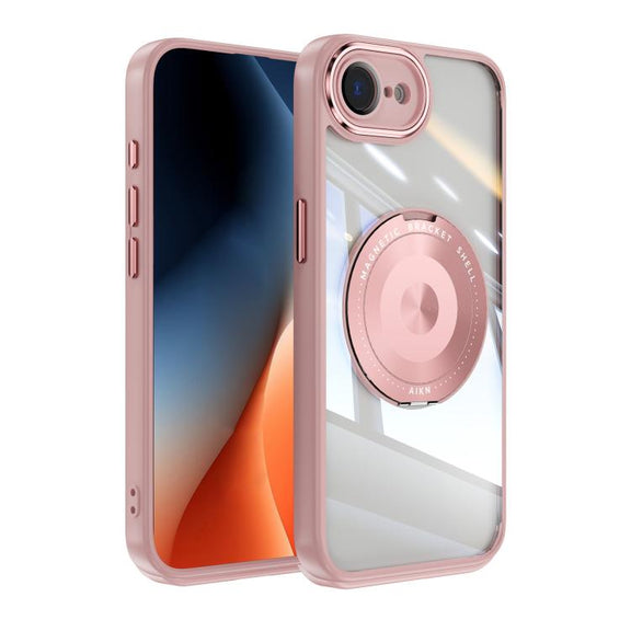 For iPhone 16e 360 Holder Magsafe Acrylic Hybrid TPU Phone Case(Pink)