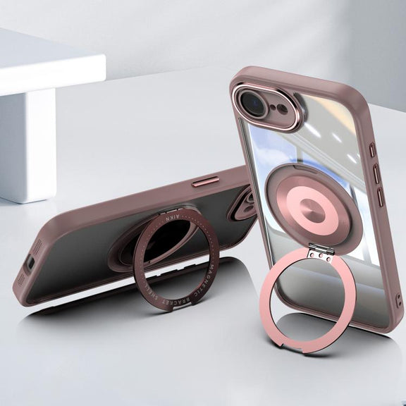 For iPhone 16e 360 Holder Magsafe Acrylic Hybrid TPU Phone Case(Pink)