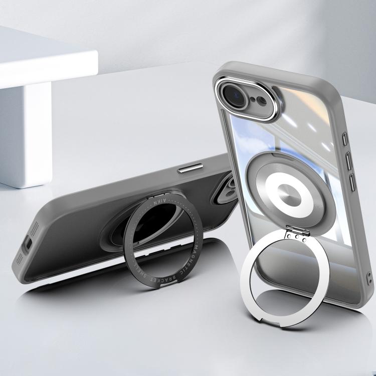 For iPhone 16e 360 Holder Magsafe Acrylic Hybrid TPU Phone Case(Frosted White)