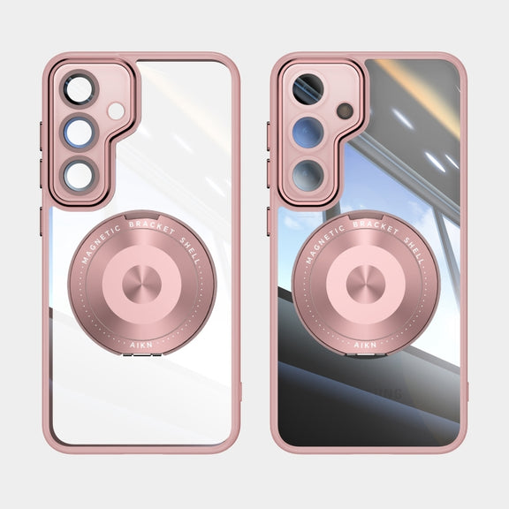 For Samsung Galaxy S25+ 5G 360 Holder MagSafe Acrylic Hybrid TPU Phone Case(Pink)