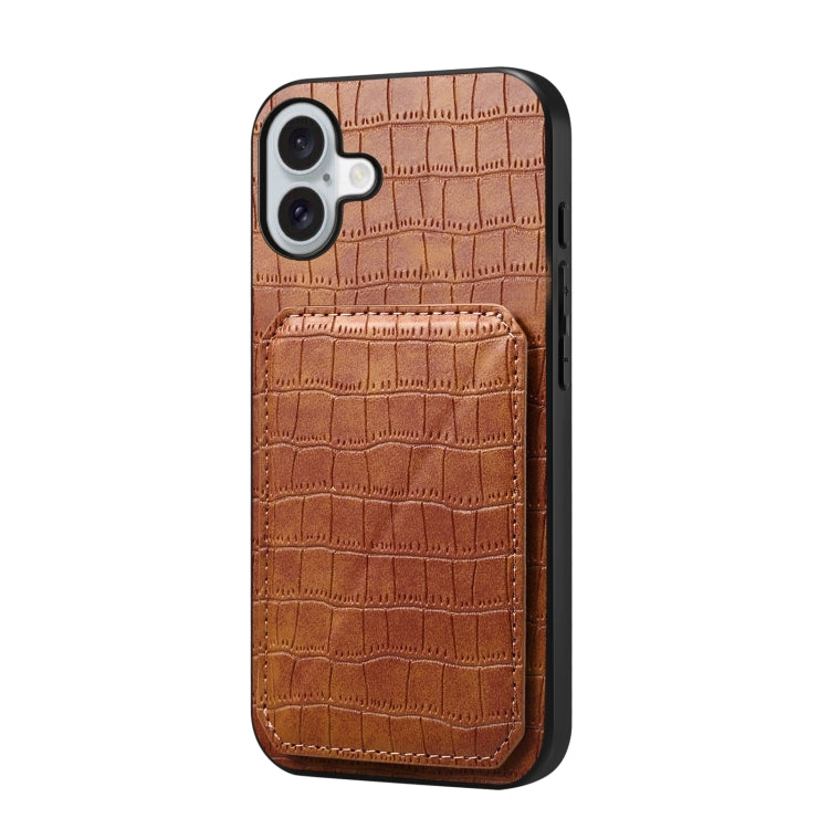 For iPhone 16 Imitation Crocodile Leather Back Phone Case with Holder(Brown)