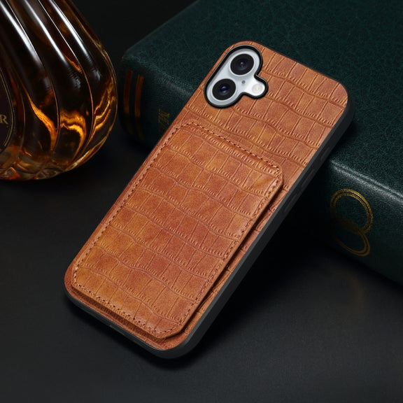 For iPhone 16 Imitation Crocodile Leather Back Phone Case with Holder(Brown)