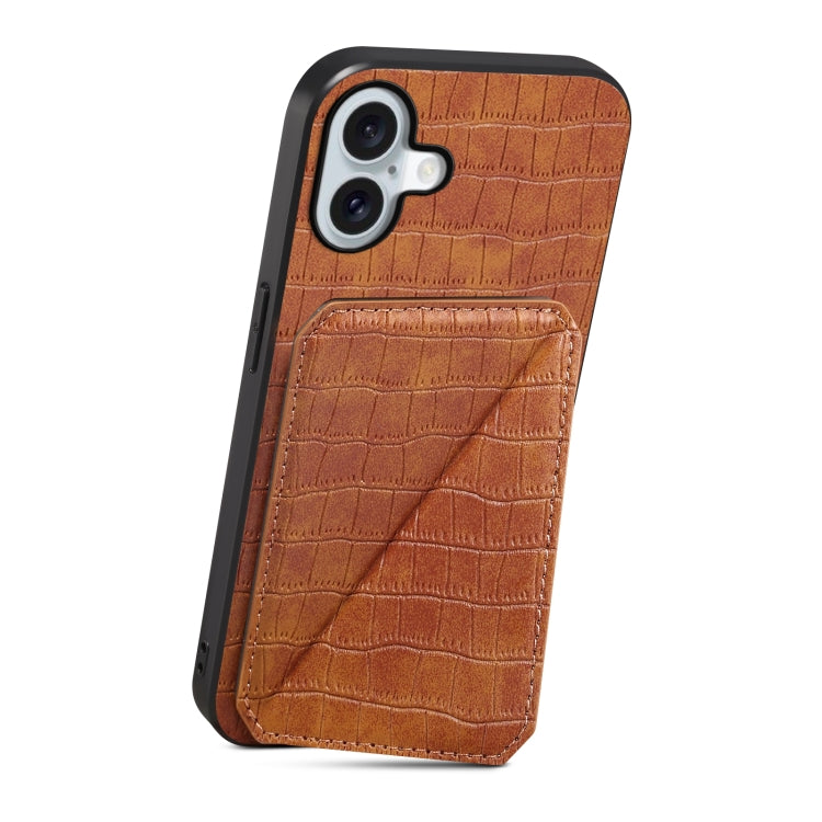 For iPhone 16 Imitation Crocodile Leather Back Phone Case with Holder(Brown)