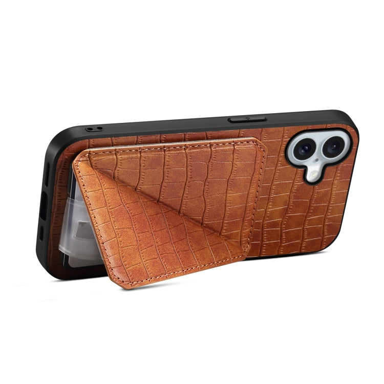 For iPhone 16 Imitation Crocodile Leather Back Phone Case with Holder(Brown)