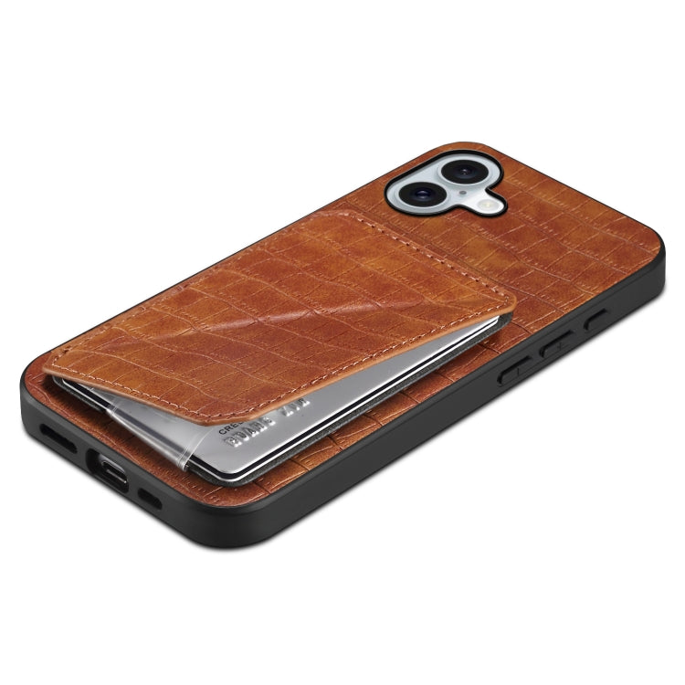 For iPhone 16 Imitation Crocodile Leather Back Phone Case with Holder(Brown)