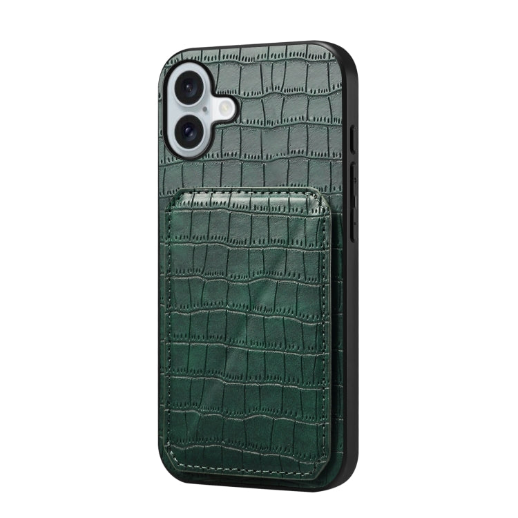 For iPhone 16 Plus Imitation Crocodile Leather Back Phone Case with Holder(Green)