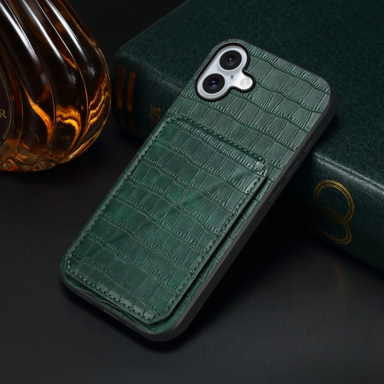 For iPhone 16 Plus Imitation Crocodile Leather Back Phone Case with Holder(Green)
