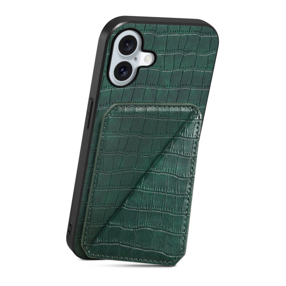 For iPhone 16 Plus Imitation Crocodile Leather Back Phone Case with Holder(Green)