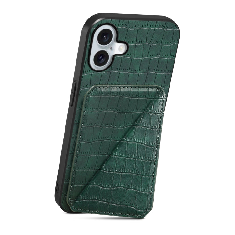 For iPhone 16 Plus Imitation Crocodile Leather Back Phone Case with Holder(Green)