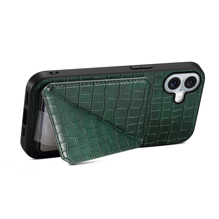 For iPhone 16 Plus Imitation Crocodile Leather Back Phone Case with Holder(Green)