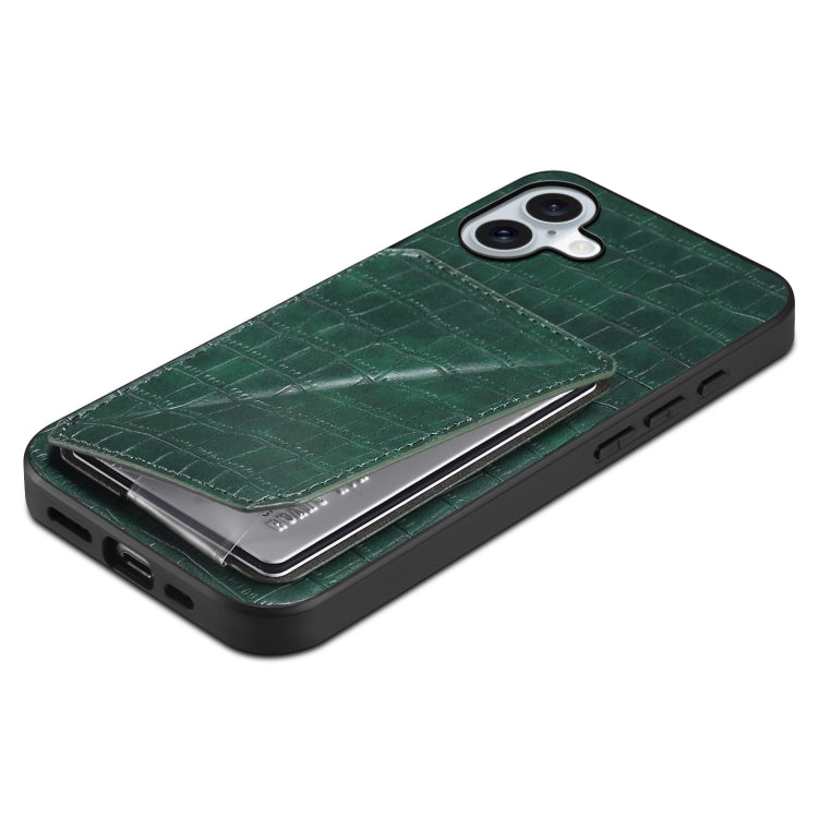 For iPhone 16 Plus Imitation Crocodile Leather Back Phone Case with Holder(Green)